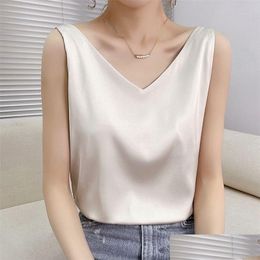 Women'S T-Shirt Summer Shiny Satin Silk Tshirt Women Harajuku T Shirt Sleeveless Fashion Woman Tee Tops Casual Female Luxury Y 220221 Dhq0Z