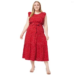 Casual Dresses Red Summer Dress Big Size Women's 2024 O Neck Ruffled Sleeveless Polka Dot Midi Vestidos Vacation Clothes Robe