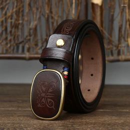 Belts 3.5cm/1.38'' Men's Retro Leather Belt Laser Pattern Trendy Plate Buckle Brass Genuine Casual Jeans