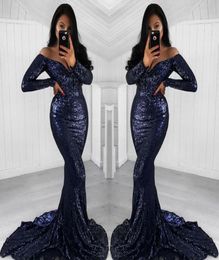 2019 Sexy Navy Blue Sequined Prom Dress Long Sleeves Formal Pageant Holidays Wear Graduation Evening Party Gown Custom Made Plus S3565544