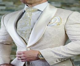 White Mens Wedding Tuxedos Slim Fit One Button Prom Dinner Party Groomsman Blazers Printed Floral Lapel 3 Piece Jacket Custom Made6938110