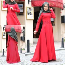 Muslim Evening Dresses 2024 Latest Design Long Sleeves Satin Formal Hijab Islamic Dubai Kaftan Saudi Arabic Prom Wear Party Gown