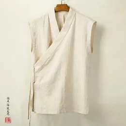 Men's Vests Chinese Traditional Clothing Hanfu Vest Men Linen Cotton Sleeveless Top Tang Suit Kimono Cardigan Slit