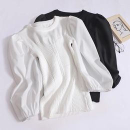 Women's T Shirts Autumn T-shirt Women O-neck Bubble Sleeve Splicing Knitwear Female Casual Fashion Slim Solid Color Pullover Shirt