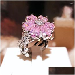 Cluster Rings Sweet Pink Cubic Zircon Heart Diamond Flower Women Bling Statement Love Ring White Gold Plated Couple Engagement Drop De Dhkqh