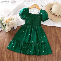 Girl's Dresses Dress Kids Girls Dark Green Cute Princess Dress 2-6 Years Short Sleeve Dress Square Collar Puff Sleeve Layered Dress Y240415Y2404179NUH