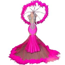 Exclusive Hot Pink Prom Dresses With Feather Fishtail Mermaid Diamond African Evening Gowns Elegant Black Girls Birthday Party Robes Mariage Vestio De Promdress