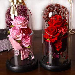 Decorative Flowers Artificial For Decor Red Rose In Glass Cover Wedding Girlfriend Birthday Present LED-Light Dried Decoration