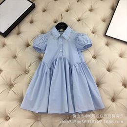 Girl's Casual summer children's sweet style dress nail bead Lapel bubble sleeve lovely temperament elegant princess skirt