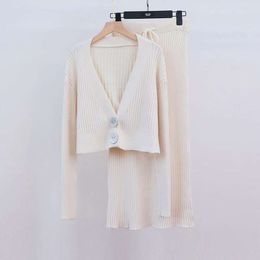 Autumn Winter New V-neck Solid Color Versatile and Elegant Style with Large Button Knitted Cardigan Skirt Set of Two