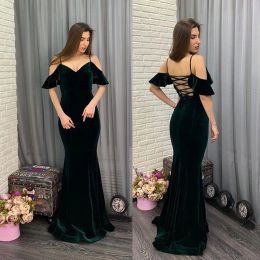 2024 Dark Green Mermaid Prom Dresses Velvet Off the Shoulder Spaghetti Straps Floor Length Simple Evening Party Gown Formal Occasion Wear