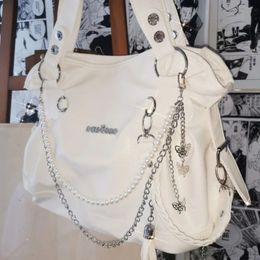 MBTI Original Y2k Womens Handbag White Goth Pearl Chains Fashion Tote Bag Aesthetic Large Capacity Designer Daily Shoulder Bag 240403