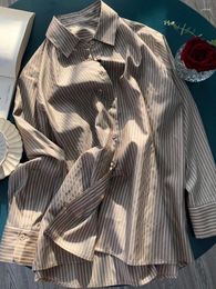 Women's Blouses High Quality 2024 Brown White Striped Silk Loose Long Sleeve Lapel Shirt Women