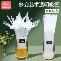 Disposable Cups Straws Transparent Art Plastic Straw Independent Packaging Bendable Drinking Water Soy Milk Cola Drink Wholesale