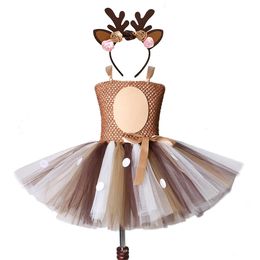 Deer Tutu Dress Girl Christmas Dresses with Headband Kids Halloween Costume Baby Girl Princess Elk Reindeer Outfit for Year 240407