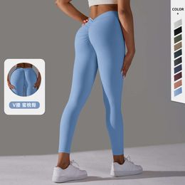 فرشاة V-waist مطوية اللون الصلب الخوخ Spandex Yoga Pants الرياضة تشغيل السراويل الضيقة الضيقة