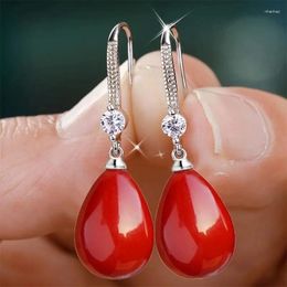 Dangle Earrings Exquisite Fashion Silver Colour Water Imitation Pearls Drop For Women Shiny Red Green Round Earings Jewellery Gift 2024