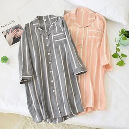 Women's Sleepwear Spring And Summer Long-Sleeved Nightgowns Cotton Mid-Length Sleepshirts Home Stripe Knee-Length