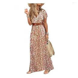 Casual Dresses Boho Retro Style Women Streetwear V Neck Short Sleeve Paisley Print Belt Large Hem Beach Long Dress With