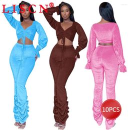 Women's Two Piece Pants 10 Tracksuits Women Fall 2024 Wholesale Items Lots Set Outfits Flare Sleeve Draw String Crop Top Pleated Pant K11894