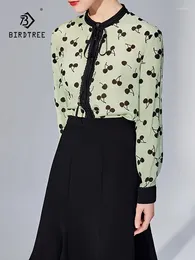 Women's Blouses Birdtree Women Bow Collar Cherry Long Sleeve OL Commuter Spring Autumn Real Silk Elegant Basic Shirt T3D639QC