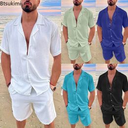 2024 Mens Summer Cotton Linen Sets Solid Short Sleeve Lapel Shirts and Shorts Sets Man Hawaiian Beach Holiday Clothing Sets 240403