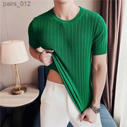 Men's T-Shirts Mens Summer Casual Short sleeved T-shirt/Mens Slim Fit Striped Round Neck High Elastic Strength Knitted T-shirt Green T-shirt S-4XL yq240415