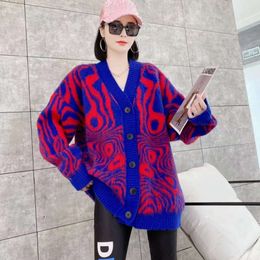 Autumn and Winter New Lazy Style Loose Abstract Contrasting Brushed V-neck Knitted Cardigan Sweater Jacket Women's Trend