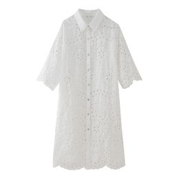 White Long Shirt Dress See Through Hollow Out Eyelet Embroidery Holiday Wears Women Summer Clothing 240415