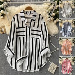 Women's Blouses Women Vertical Stripe Shirt Stylish Striped With Lapel Collar Long Sleeves Loose Fit For Streetwear