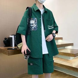 Men's Tracksuits Korean Shirt Two-Pieces Set Summer Trendy 2024 Casual Spring Shorts Full Size