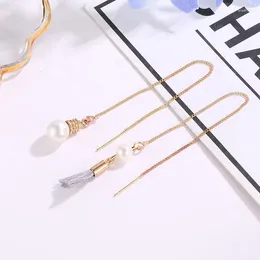 Dangle Earrings Short Threads Tassel Little Simulated Pearl Bead Long Asymmetrical Golden Chain Drop Women
