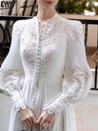 EWQ Beautiful White Lace Up Embroidery Hollow Out Lantern Sleeves Womens Long Dress Ladies Vestidos Spring Autumn 3A6724 240415