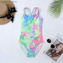 One-Pieces 7-14 Years Tie Dye Girls One Piece Swimsuit Kids Criss Cross Childrens Swimwear High Cut Bathing Suit Monokini 2022 Beachwear Y240412