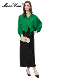 Work Dresses MoaaYina 2024 Summer Runway Fashion Dress Suit Women Balck Midi Spaghetti Strap Green Loose Shirts Two-piece