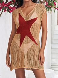 Casual Dresses Fashion Star-shaped V Neck Hollow Out Crochet Knitted Mini Dress Beach Cover Up Wear Female Women DV5019