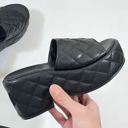 Slippers Brand Summer Insole Leather Black Outdoor Trendy Slides For Women Block High Heeled Mules Sandal Platform Shoes