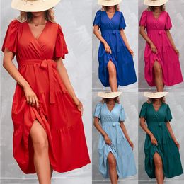 Womens Summer Solid Color V Neck Short Sleeve Dress