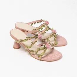 Slippers Original Design Wedding Shoes For Women Retro Flower Vine Round Open Toe Stiletto Mid High Heel Fairy Pink Sandals