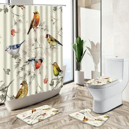 Shower Curtains Floral Bird Curtain Flowers Animal Hand Painted Art Bathroom Set Chinese Non-Slip Carpet Toilet Cover Floor Mat Washable