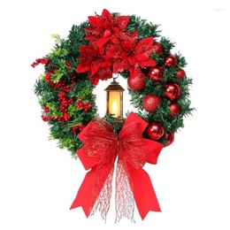 Decorative Flowers Christmas Wreath With LED Oil Lamp 16 Inch Exquisite Red Artificial Garland For Front Door Window Wall Hanging Decoration