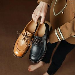 Dress Shoes 2024 Women Pumps Natural Leather 22-25cm Cowhide Pigskin Full Round Toe Loafers Vintage Lace Up