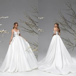 2024 Elegant Wedding Dresses Jewel Sleeveless Lace Satin Bridal Gowns Custom Made Lace Appliques Sweep Train A-Line Wedding Dress