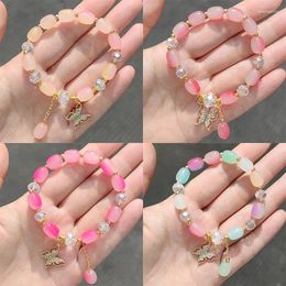 Charm Bracelets 2024 Sweet Butterfly Beaded Bracelet For Women Girls Pink Purple Imitation Jade Bohemian Crystal Hand Jewellery Birthday Gifts