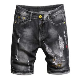 Summer Fashion Mens Denim Shorts Chinese Style Embroidery Classic Black Stretch Slim Casual Short Jeans Trend Streetwear Male 240412