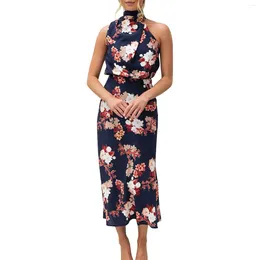 Casual Dresses Women's Satin Dress Sexy Off Shoulder Turtleneck Sleeveless High Waist Elegant Floral Print Slim Party Long Vestidos