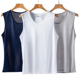 Men Tops Ice Silk Vest Outer Wear QuickDrying Mesh Hole Breathable Sleeveless T Shirts Summer Cool Beach Travel Tanks 240415