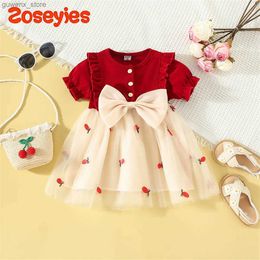 Girl's Dresses Baby Girl Newborn Clothes Cotton Red Short Sleeve Mesh Dress Baby Girl Korean Style Sweet Birthday Dress for Kids Girl Y240415Y240417K00N