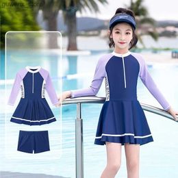 One-Pieces One Pieces Children Swimwear 2024 New Kids Long-sleeve Swimsuit For Girl With Underwear Teenager Girls Summer Beach Bathing Suit Y240412