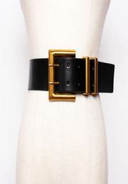 Fashion Women Wide Belt Gold Big Mental Double Pin Buckle Female Black PU Leather Belts Dress Coat Waist Corset Strap2240198